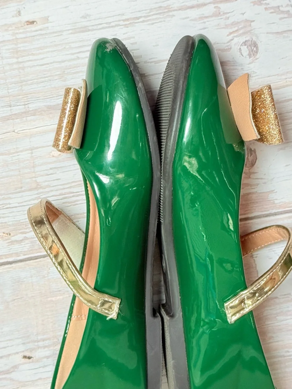 Girls' Green Patent Mary Janes with Gold Bow